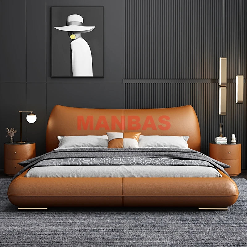 MANBAS Genuine Leather Bed Double Size Rectangle Bed Frame Nordic King/Queen Size Wedding Lits Designer Upholstered Camas