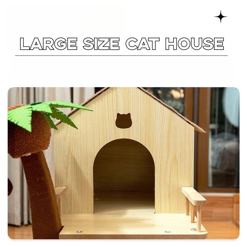 Luxury Cat House Two-Storey Villa Pet Cat Beds Hammock Coconut Tree House Wooden Pet Condos With Stairway Cat Scratching Posts