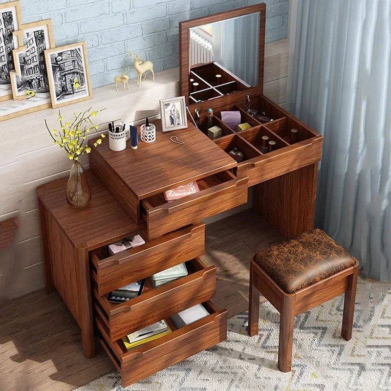 Classic Mirror Bedroom Dressing Table Drawer Container European Dressing Table Luxury Brown Tocador Maquillaje Bedroom Furniture