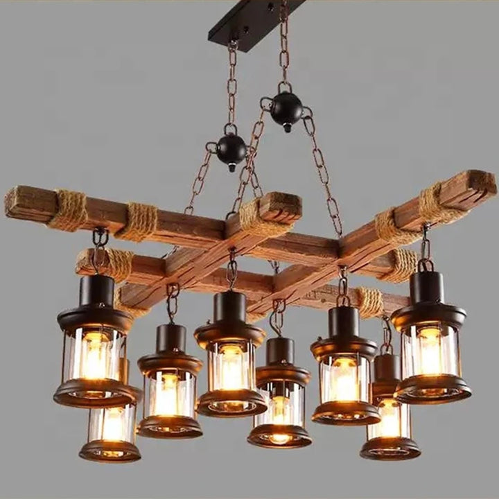 Retro Wood Pendant Lights 8 Head Vintage Industrial Loft Glass Iron LED Chandelier Suspension Lamp Wooden Droplight