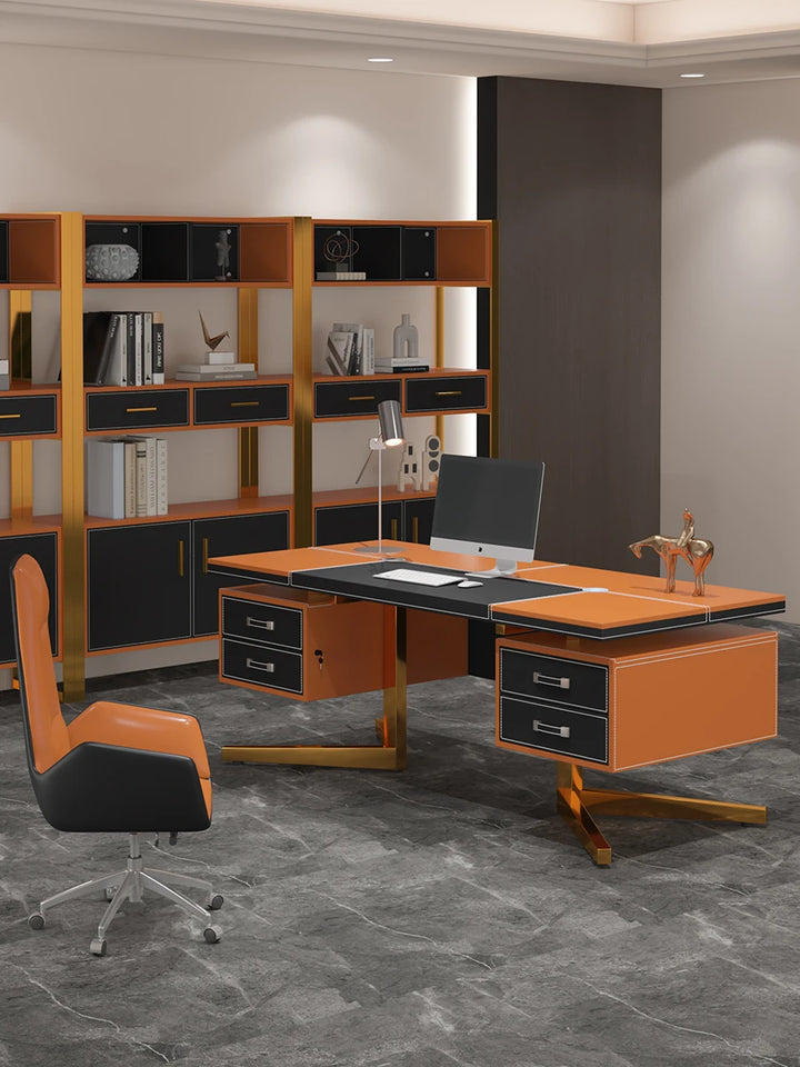 Modern Minimalist Desk Designer Study Home Saddle Leather Writing Desk Luxury Computer Mesa De Escritorio Office Furniture KMOD