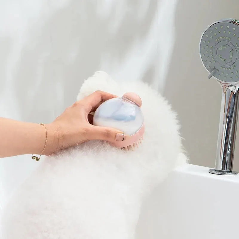 Dog Shower Brush,Pet Dog Grooming Massage Bath Cleaning Brush with Shampoo Dispenser for Long Hair Dogs and Cats Shower