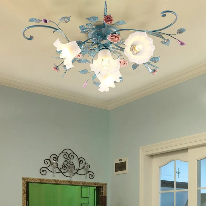 American LED Ceiling Lights Living Room Handmade Iron Rose Flower Lamp Bedroom Kitchen Lamps Korean Light Fixtures For Celling