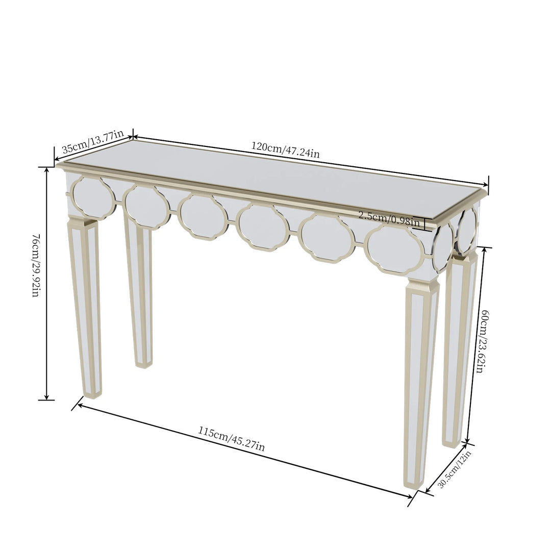 Rectangular Mirrored Console Table Mirror Entryway Table Lantern-shape Pattern with Gold Rim Modern Home Furniture 4 Legs