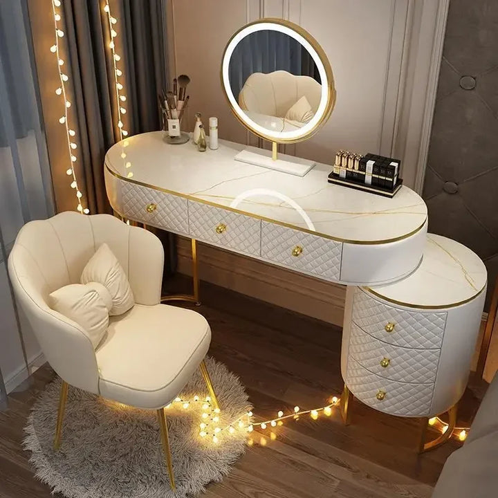 Nordic Luxury Dressers Bedroom Dressing Table Modern Retractable Table with Led Mirror Creative Storage Cabinet Vanity Furniture