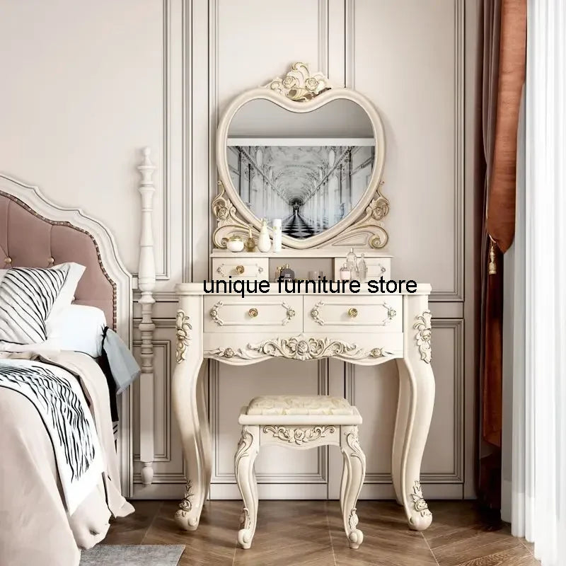 European Dressers Vanity Table Set with Mirror White Makeup Desk with Drawers & Stool - Small Wood Dressing Table for Bedroom