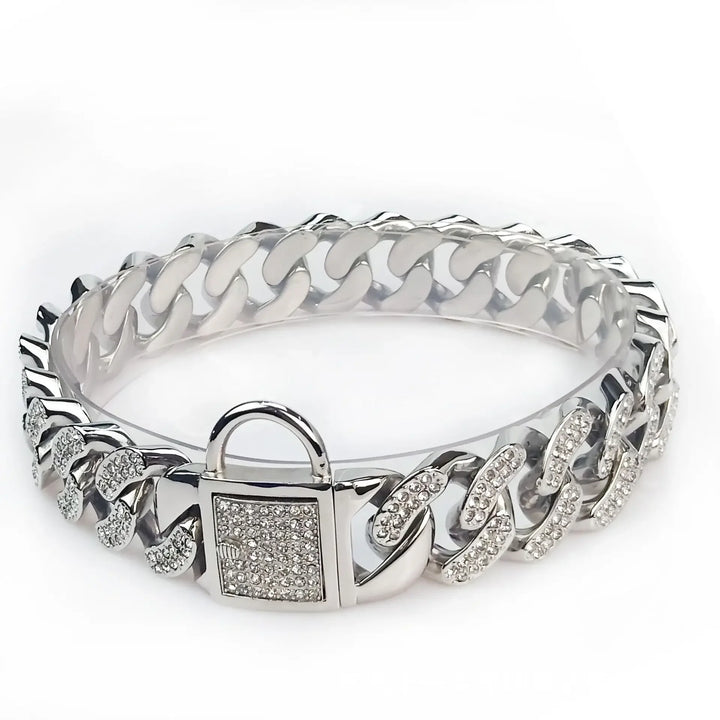 Diamond Stainless Steel Strong Heavy Large Dog Pet Collar Leash 32mm Dog Collar Leash