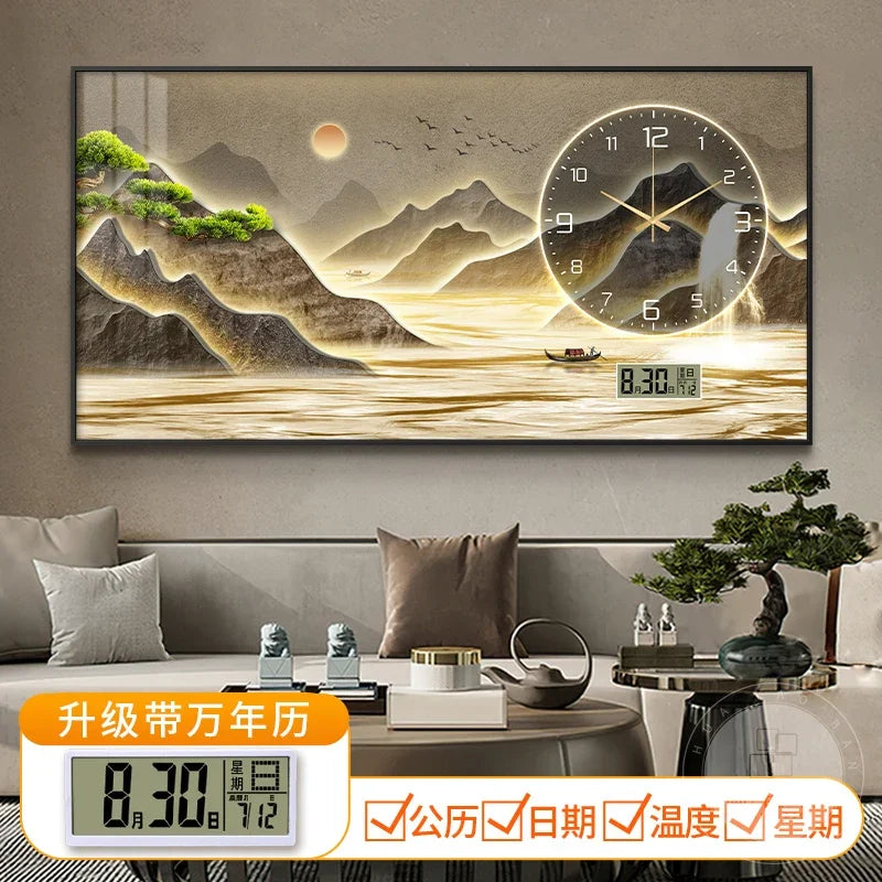 New Home Decor Wall Clock Living Room Decoration Landscape Painting Perpetual Calendar Timepiece Wall Decoration