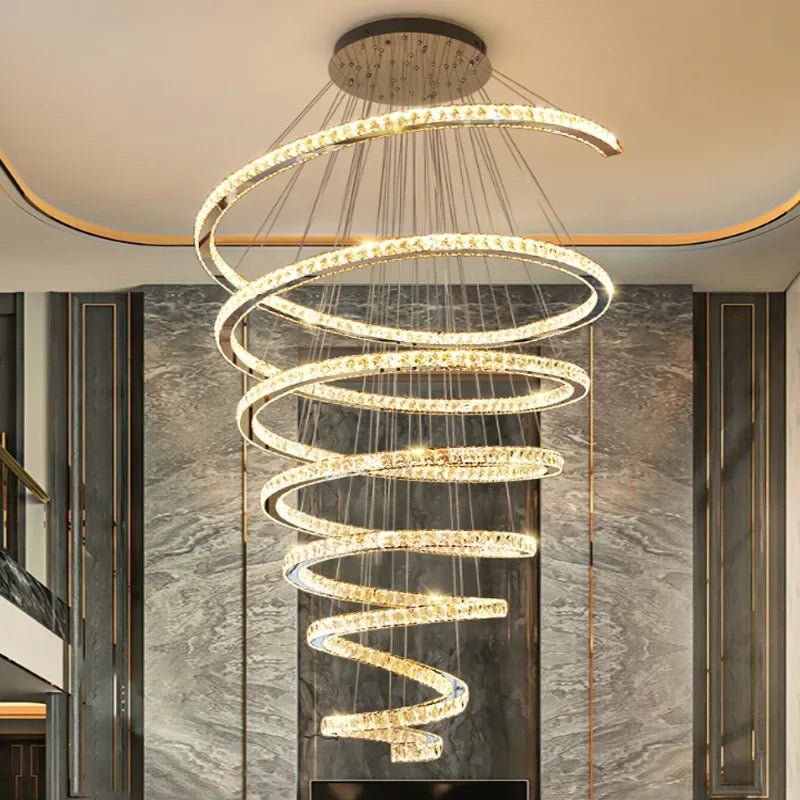 Modern LED Large Crystal Staircase Chandeliers Spiral Stairway Hanging Pendant Lighting Home Living Room Decor Suspension Lustre