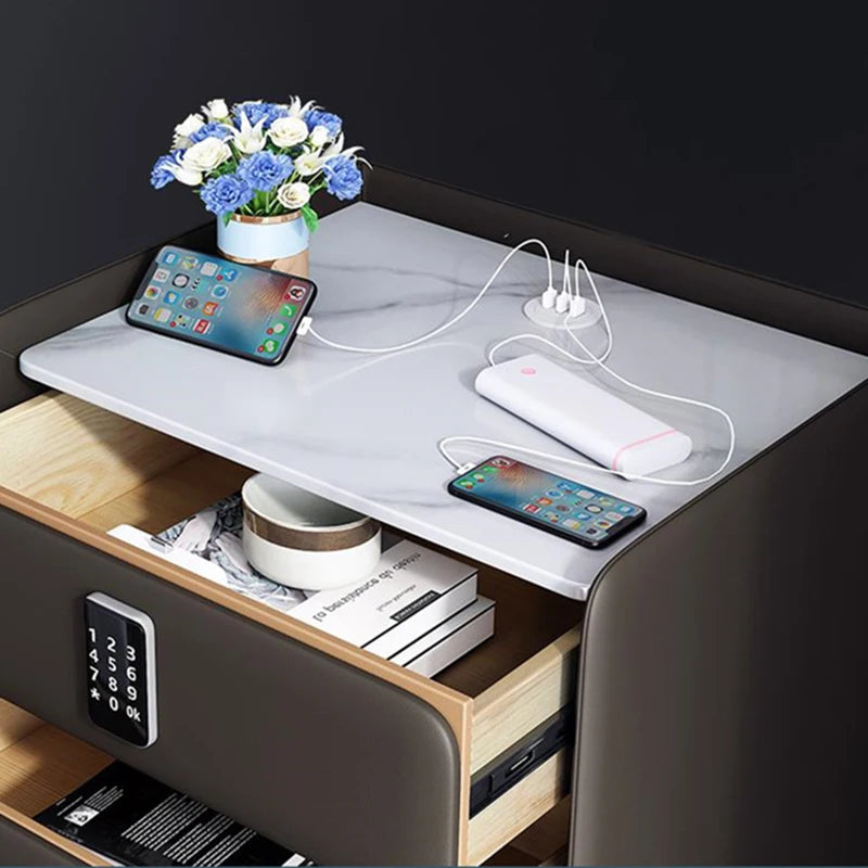 Multi-Function Led Light Bedroom Cabinet Luxury Style Smart Nightstand Charging Bedside Table Dressers Muebles Furniture FY20YH