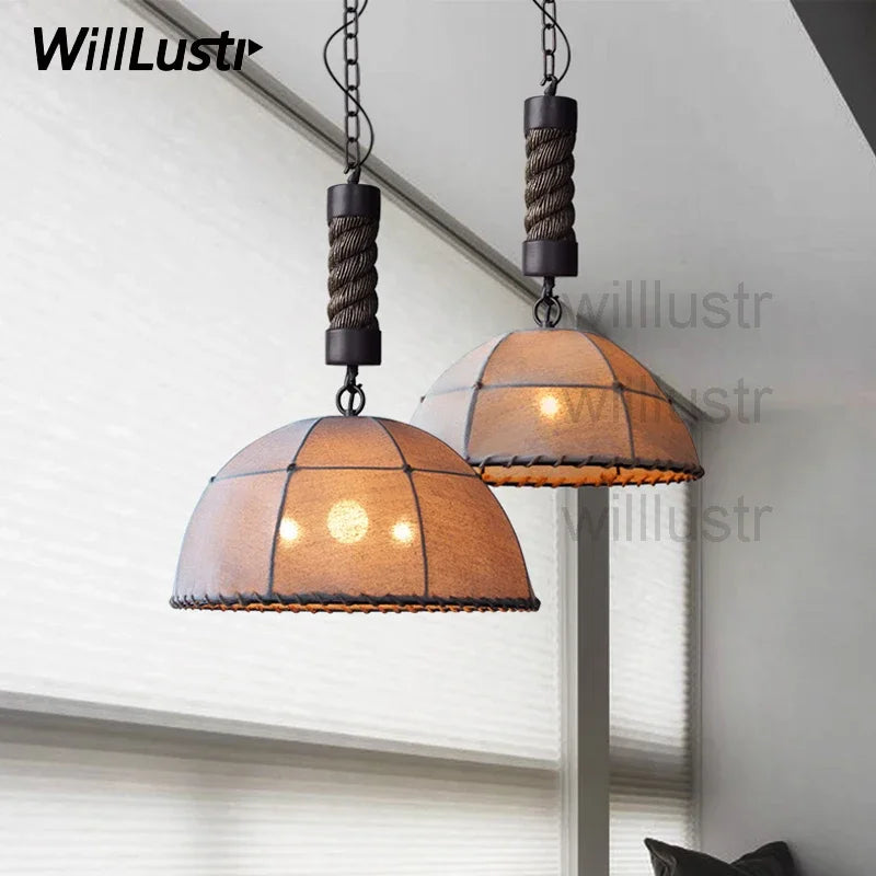 Linen Cloth Shade Pendant Lamp American Hanging Ceiling Chandelier Fabric Suspension Light Hotel Restaurant Cafe Bar Living Room