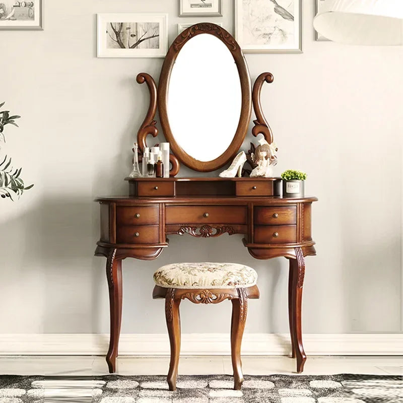 European Solid Wood Mirror Table Bedroom Dresser Amercia Princess Furniture Dark Villa Luxury Carved Makeup Table Dressing Table