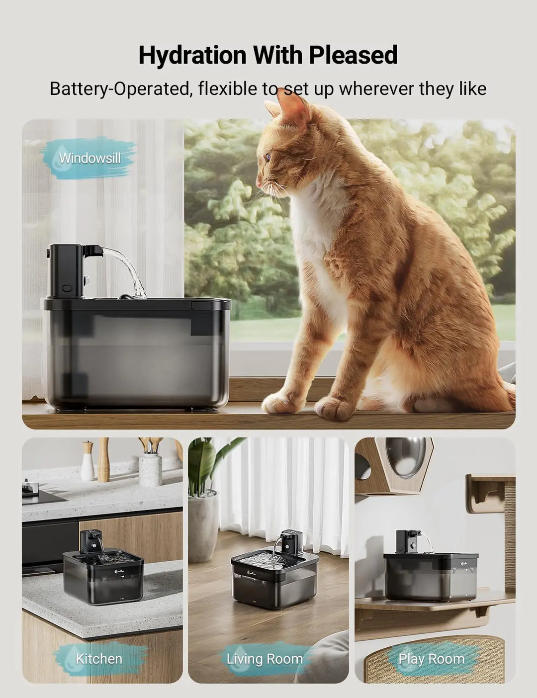 DownyPaws 2.5L Wireless Cat Water Fountain Battery Operated Automatic Pet Water Fountain with Motion Sensor Dog Water Dispenser