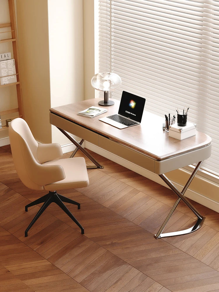 Saddle Leather Office Desk Luxury Modern Simple Bedroom Solid Wood Home Study Computer Desk Mesa Office Furniture KMOD