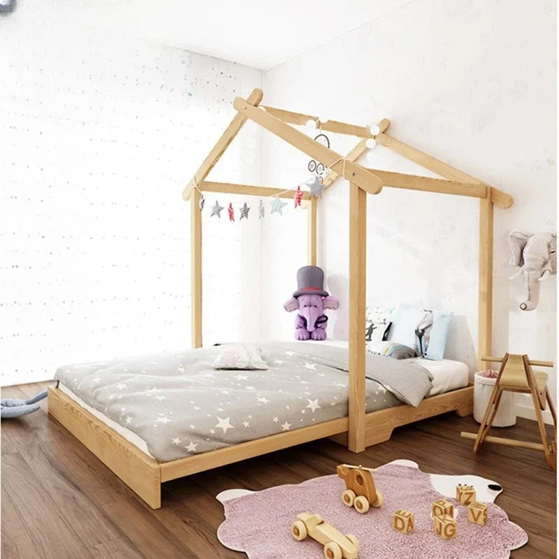 Montessori Modern Children's Wood Furniture Single Bed for Boys and Girls Queen Size  Mobile Baby Crib Free Shipping