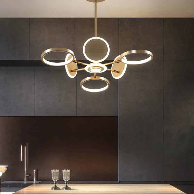 Iron Acrylic Molecular Pendant Lamp Metal Ring Suspension Light Hotel Cafe Bar Dimmable LED Hanging Ceiling Chandelier