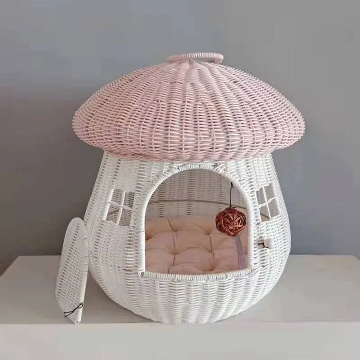 Ultra Soft Closed Go Out Home Dual-use Pet Nest Rattan Cute Cat Dog House Anti-rattan Mushroom Style House Cat Nest