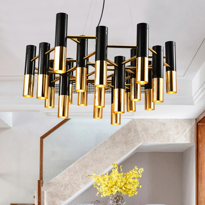 American Style LED Chandelier Living Room Decoration Metal Tube Black Gold Pipe Hanging Lamp Kitchen Indoor Lighting Fixture