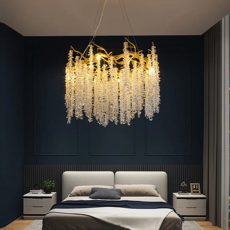 Modern Crystal Chandeliers Luxury Crystals Long Round LED Pendant Lamp for Living Hotel Hall Tassel Hanging Ceiling Chandelier