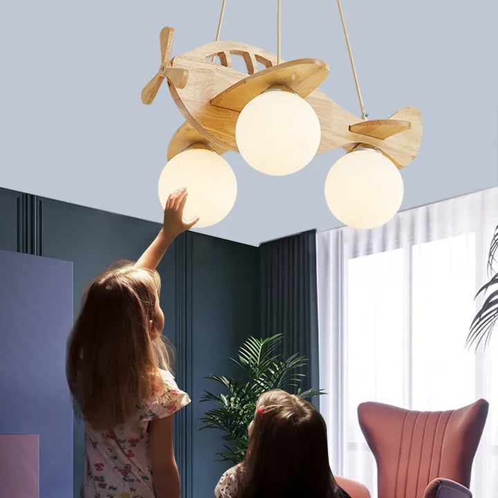 Modern LED Children Chandeliers Wooden Handmade Aircraft Hanging Pendant Lights Bedroom Boys Girls Room Decor Suspension Lamps