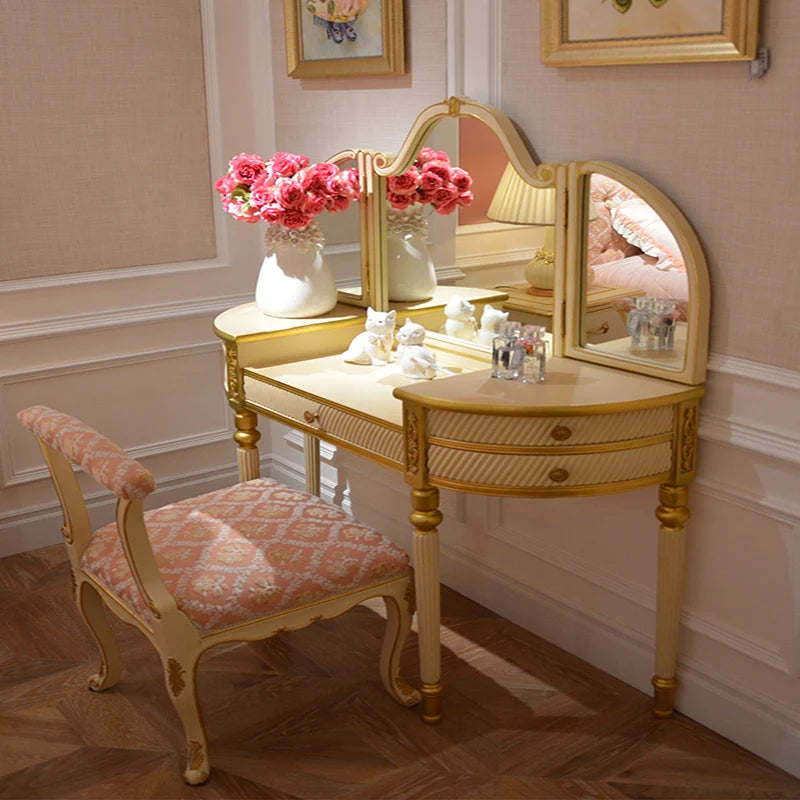 Luxury Girls Dressing Table Gold Nordic Bedroom Storage Dressing Table Set Multifunctional European Coiffeuse Furniture Makeup