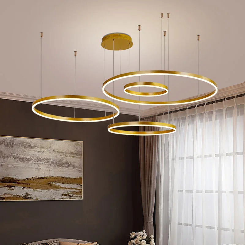 Modern LED Circle Rings Chandeliers Home Indoor Living Dining Room Villa Decor Hanging Pendant Light Brushed Gold Black Lustre