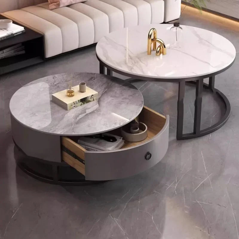 Waterproof Round Coffee Tables Modern Storage Low Marble Mobile Table White Minimalist Floor Mesa Auxiliar Home Furniture