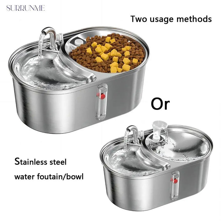 Dual-Bowl Pet 3L Water Fountain/ Food Bowl: Stainless Steel Automatic Cat Dog Water Dispenser with Convertible Food Bowl - 2-in-1 Design