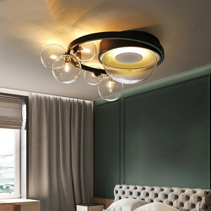 Led Ceiling Light Modern Glass Bubble Living Room Ceiling Light Black Iron Creative Design Hanging Ceiling Lamp Round