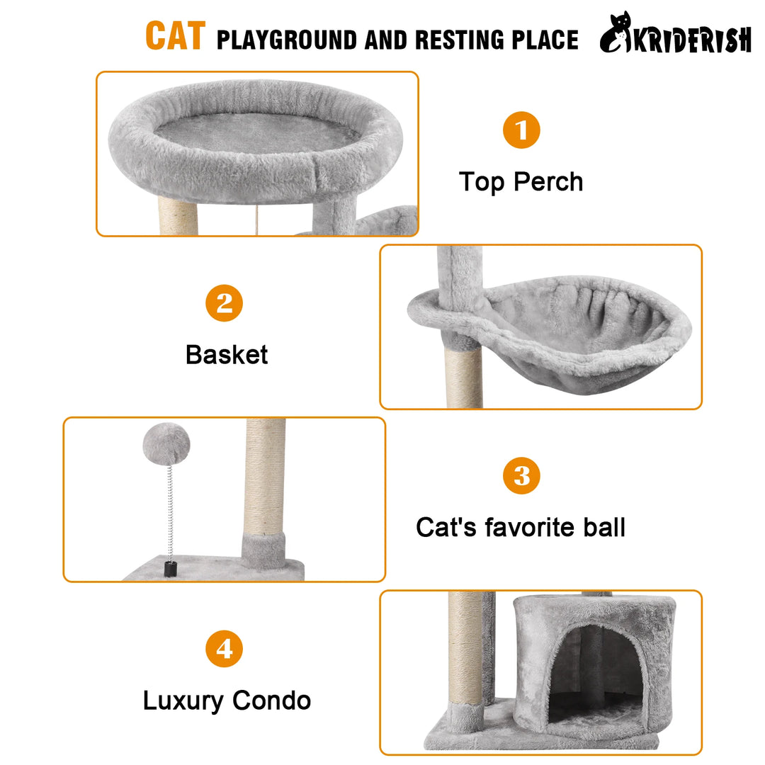 Grey Four Layers Wooden Cat Tree House Multifunction Pet Furniture Kitten Climbing Toy Cat Scratching Posts Cat Tower Soft