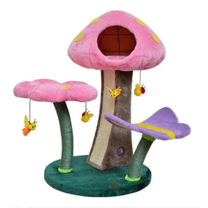 Plush Cat Tree with Flower Mushroom, Safe Comfortable Climbing Tree, Small Mushroom Game, Pet Toys, Fashion Game