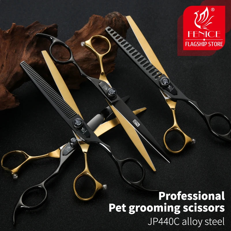 Fenice Pet Professional Dog Grooming Scissors Cutting Curved Thinning Shear Set Japan 440C Scissor Kit for Animal Beauticians