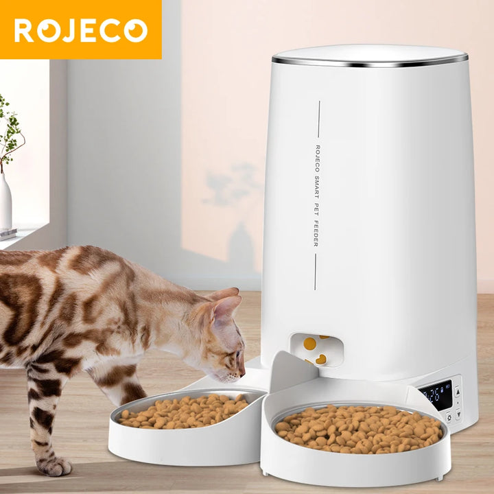 ROJECO Automatic Cat Feeder Pet Smart Cat Food Kibble Dispenser Remote Control Dual Bowls Auto Feeder For Cats Dog Accessories