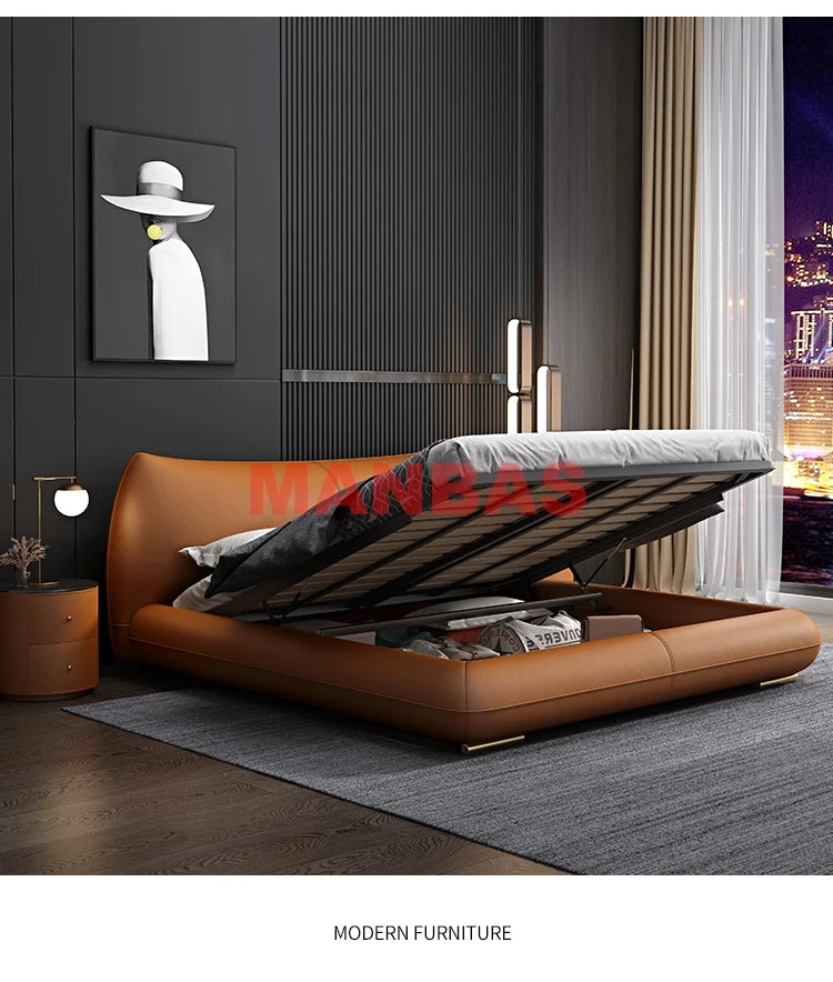 MANBAS Genuine Leather Bed Double Size Rectangle Bed Frame Nordic King/Queen Size Wedding Lits Designer Upholstered Camas