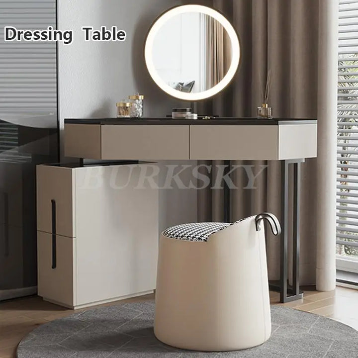 Luxury Modern Triangle Corner Vanity with LED Mirror Large capacity Makeup Dressing Table with 4 Drawers Save Space Furniture