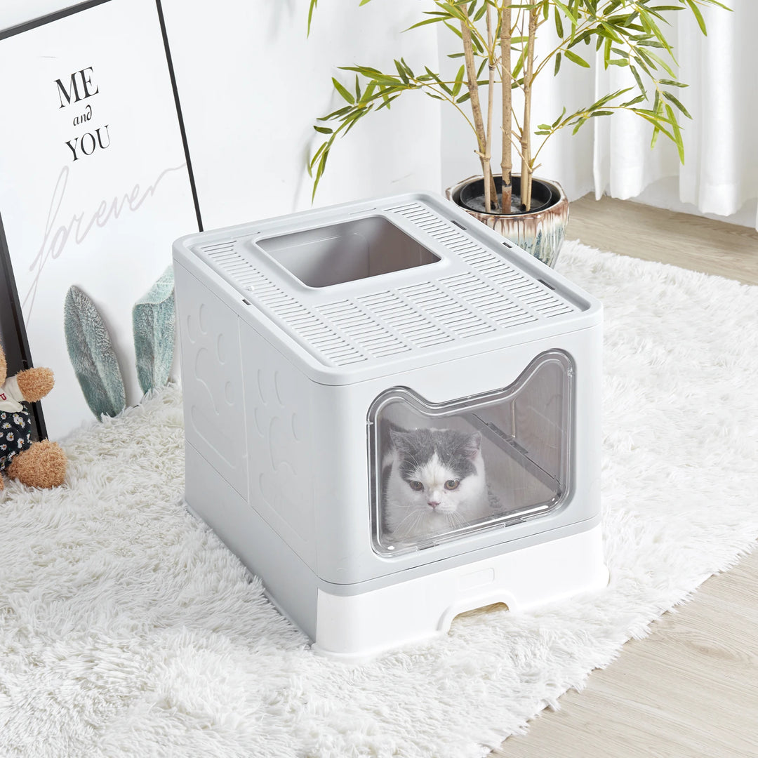 XXL Large Space Foldable Cat Litter Box with Front Entry and Top Exit, Complete with Tray