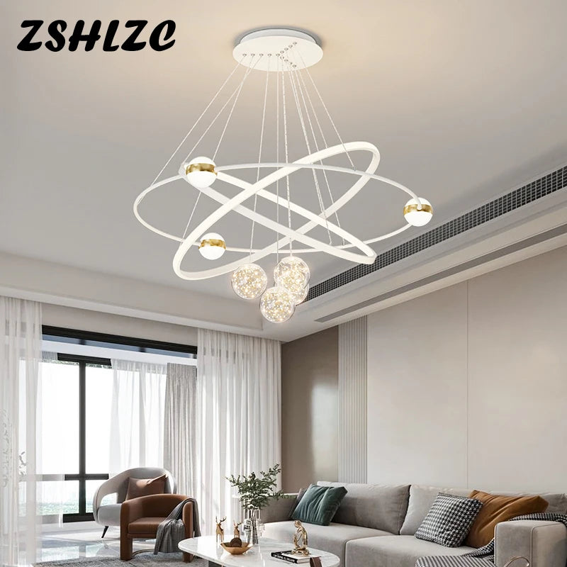 Modern Round Rings Led Chandelier Home Lighting Ceiling Mounted For Living Room Bedroom Hanging Lamp Gold&White Color Light 220V