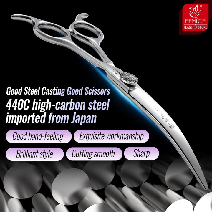 Fenice High-end 6.5/7.5 inch JP440C Bright Steel Brilliant Diamond Screw Pet Grooming Curved Scissors for Groomers