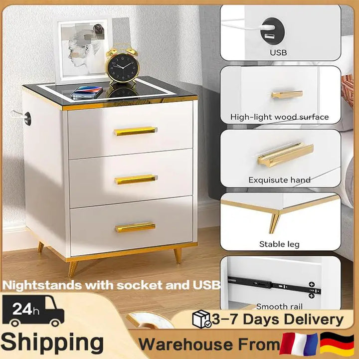 Nightstands With Socket USB Smart Touch LED Bedside Table Living Room Lighting White Bedside Table Cabinet Table 3 Drawers