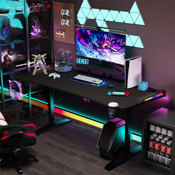 Jumbo Gaming Desk with Monitor Shelf, Large PC Computer Desk with LED Lights, Gaming Table Gamer Desk for Bedroom, Home Office