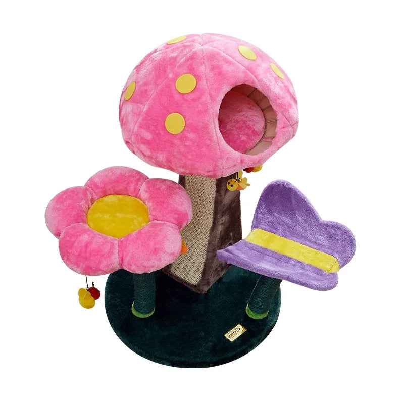 Plush Cat Tree with Flower Mushroom, Safe Comfortable Climbing Tree, Small Mushroom Game, Pet Toys, Fashion Game