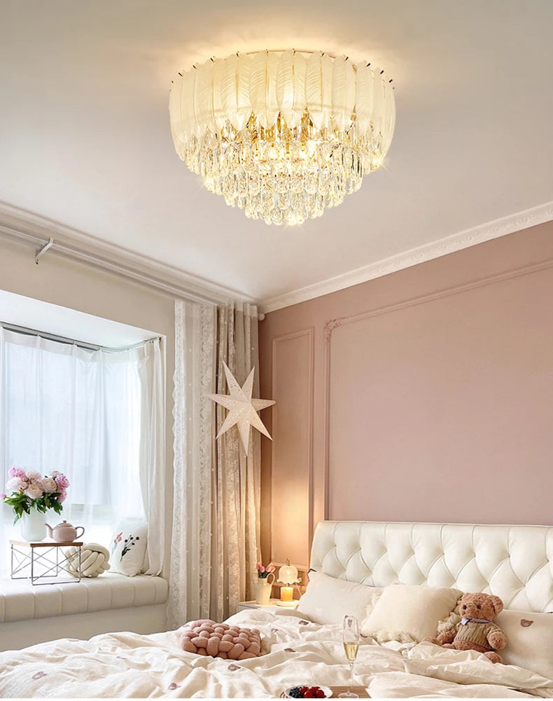 Guangdong Feather Golden Round Starry Shining Adjustable Ceiling Lamp Lighting Living Room Bedroom Lustre Luxury