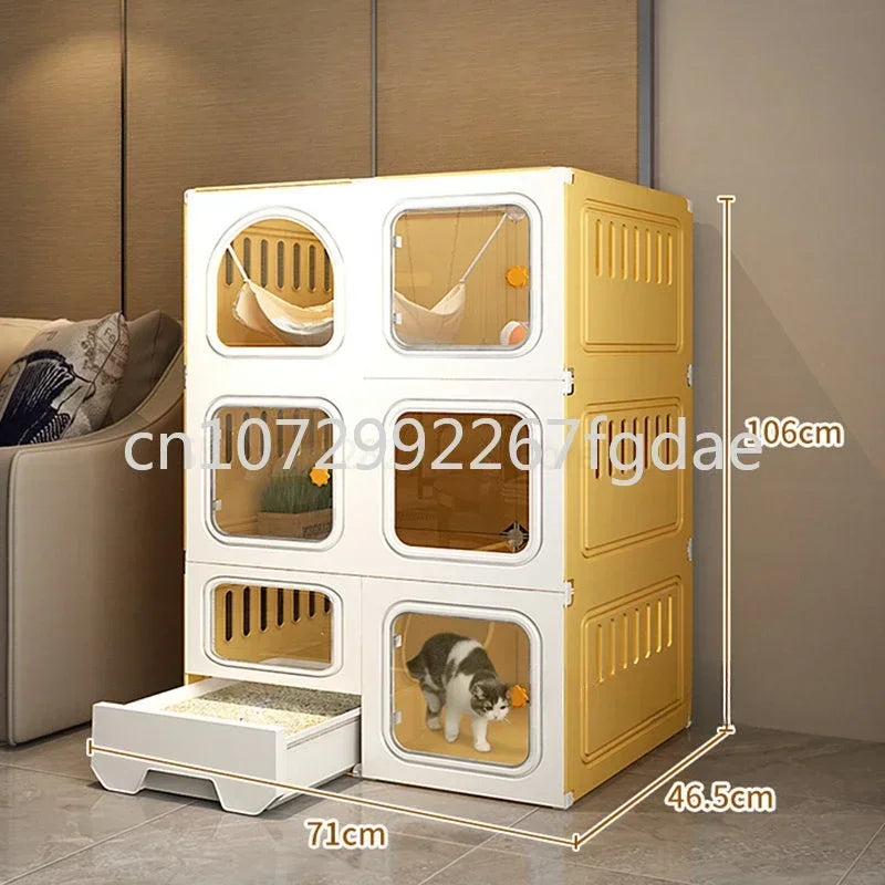 Integrated Transparent Villa with Cat Cage and Manure Box, Indoor Cat Fence, Cat Cabinet with Enclosed Bathroom, Pet House