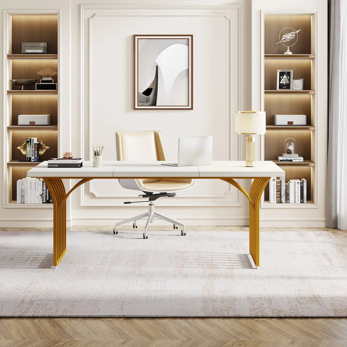 Tribesigns 63" White Office Desk, Modern Executive Desk Large Computer Desk with Gold Metal Frame, Wood Writing Desk Workstation