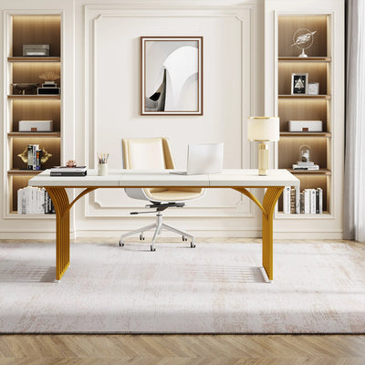 Tribesigns 63" White Office Desk, Modern Executive Desk Large Computer Desk with Gold Metal Frame, Wood Writing Desk Workstation