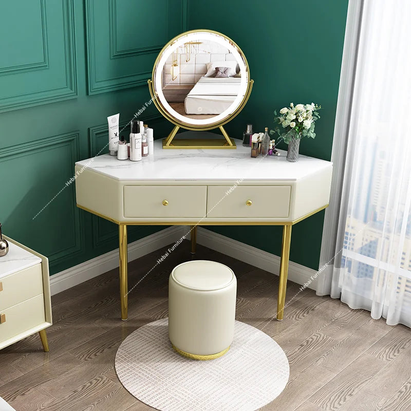 Modern Corner Makeup Vanity Table with LED Lighted Mirror 2 Drawers Wood Stool Storage Cabinet Bedroom Furniture Sets