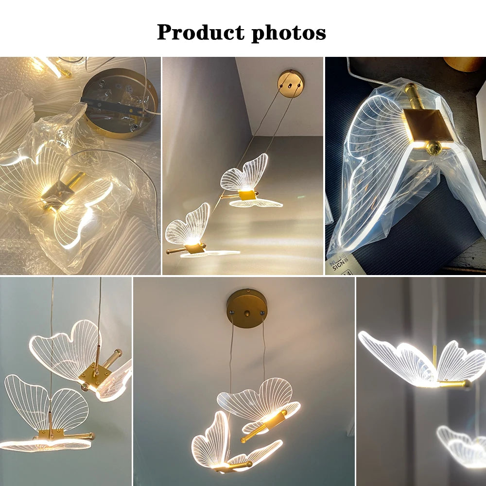 Modern LED Butterfly Pendant Light Dining Room Kitchen Restaurant Decor Hanging Chandeliers Home Bedside Light Gold Acrylic Lamp