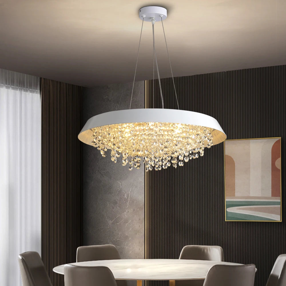 Modern LED Crystal Chandeliers Round Hanging Pendant Lights Living Dining Room Kitchen Cristal Suspension Lighting Fixture White