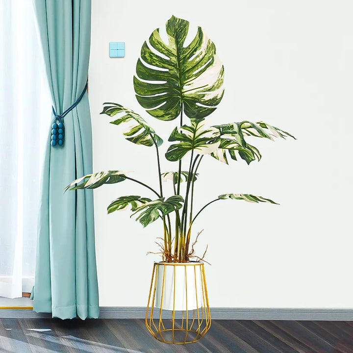 70/80cm Large Artificial Monstera Tree Tropical Fake Plants Potted Plastic Big White Palm Leaves With Pot For Home Garden Decor