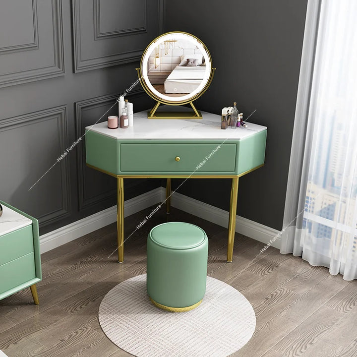 Modern Corner Makeup Vanity Table with LED Lighted Mirror 2 Drawers Wood Stool Storage Cabinet Bedroom Furniture Sets